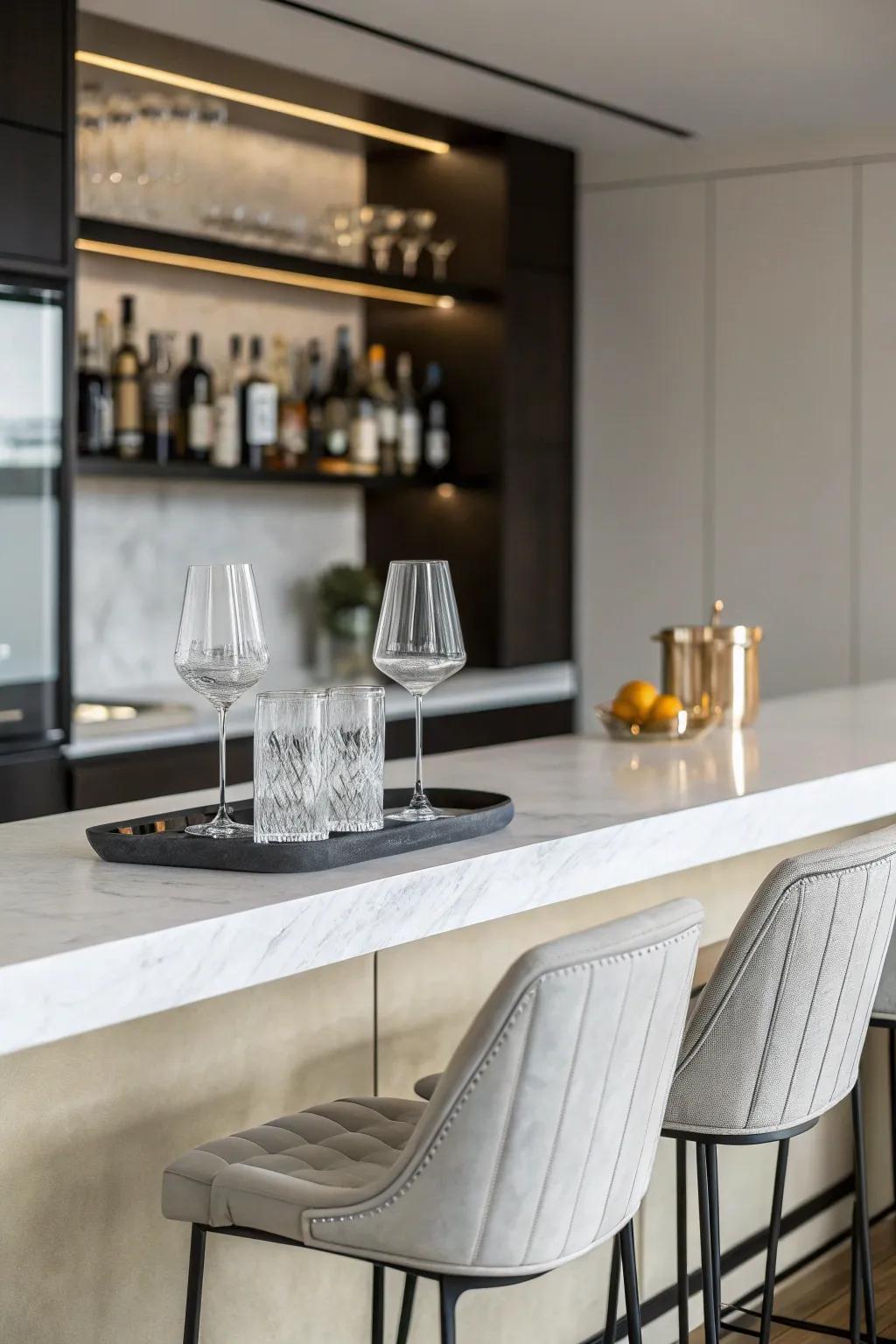 A simple design creates a calm and contemporary home bar setting.