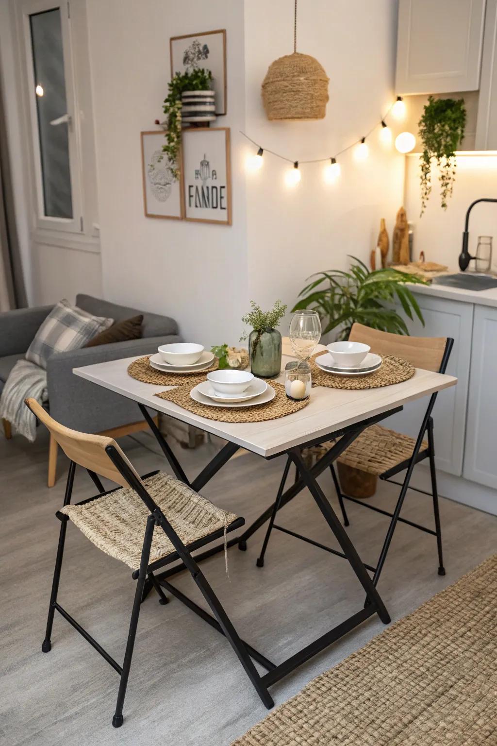 A small dining area with a table that pops up for flexible use of space.
