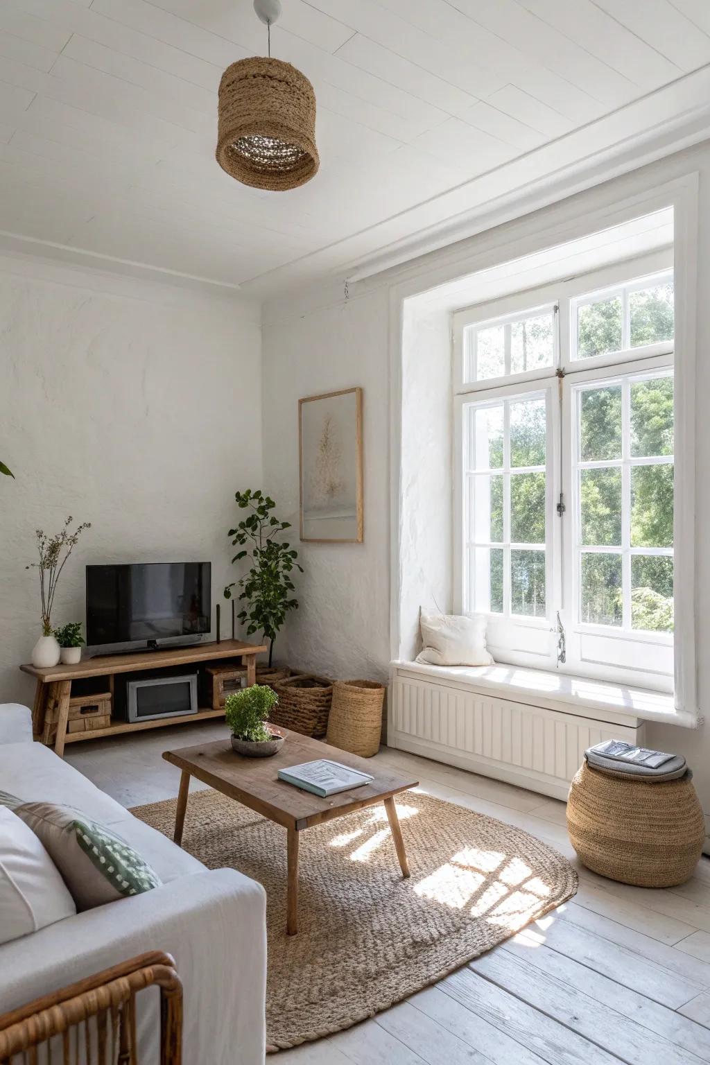 A small living room utilizing white walls to enhance the space.