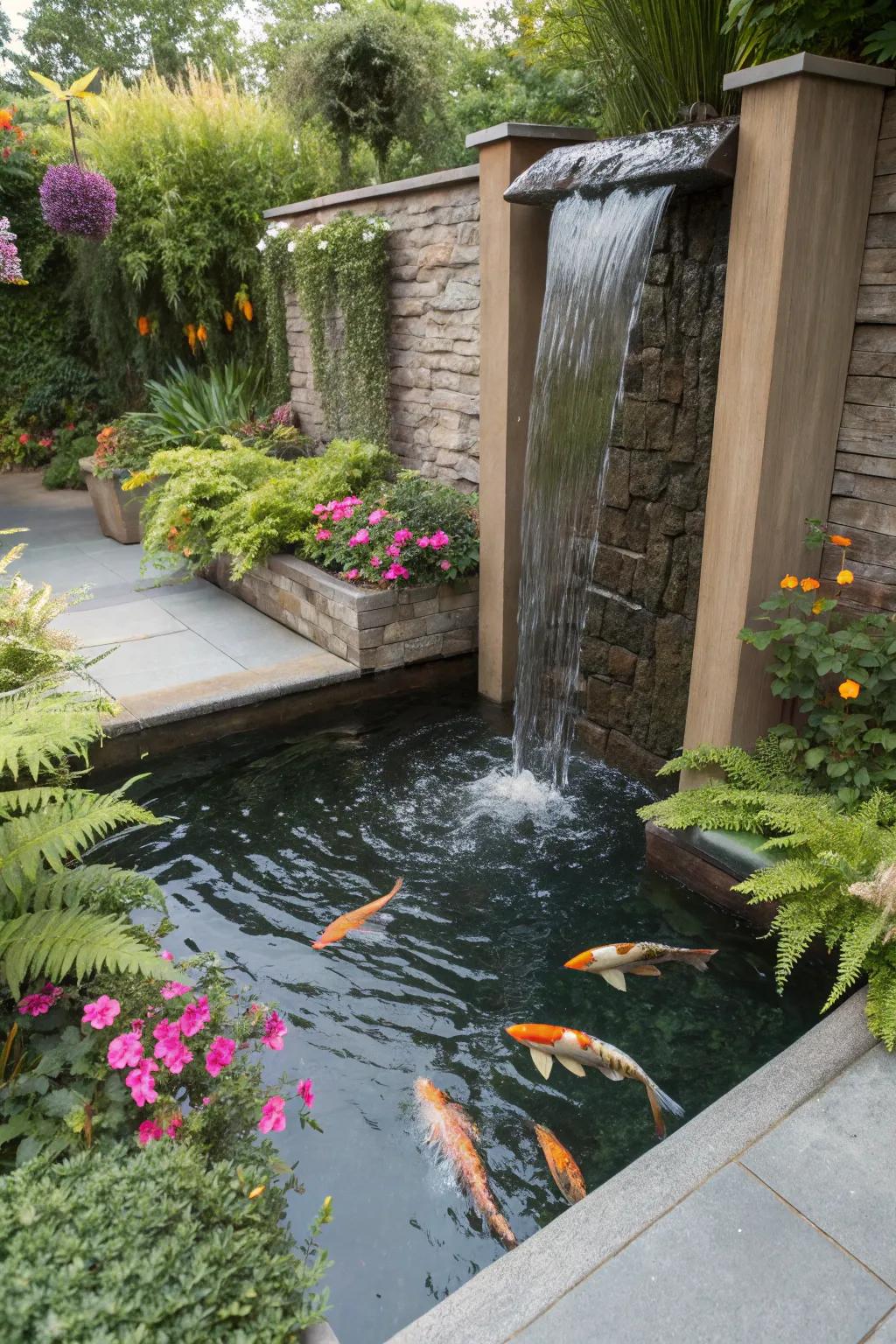 A captivating vertical water feature enhances this small fish haven.