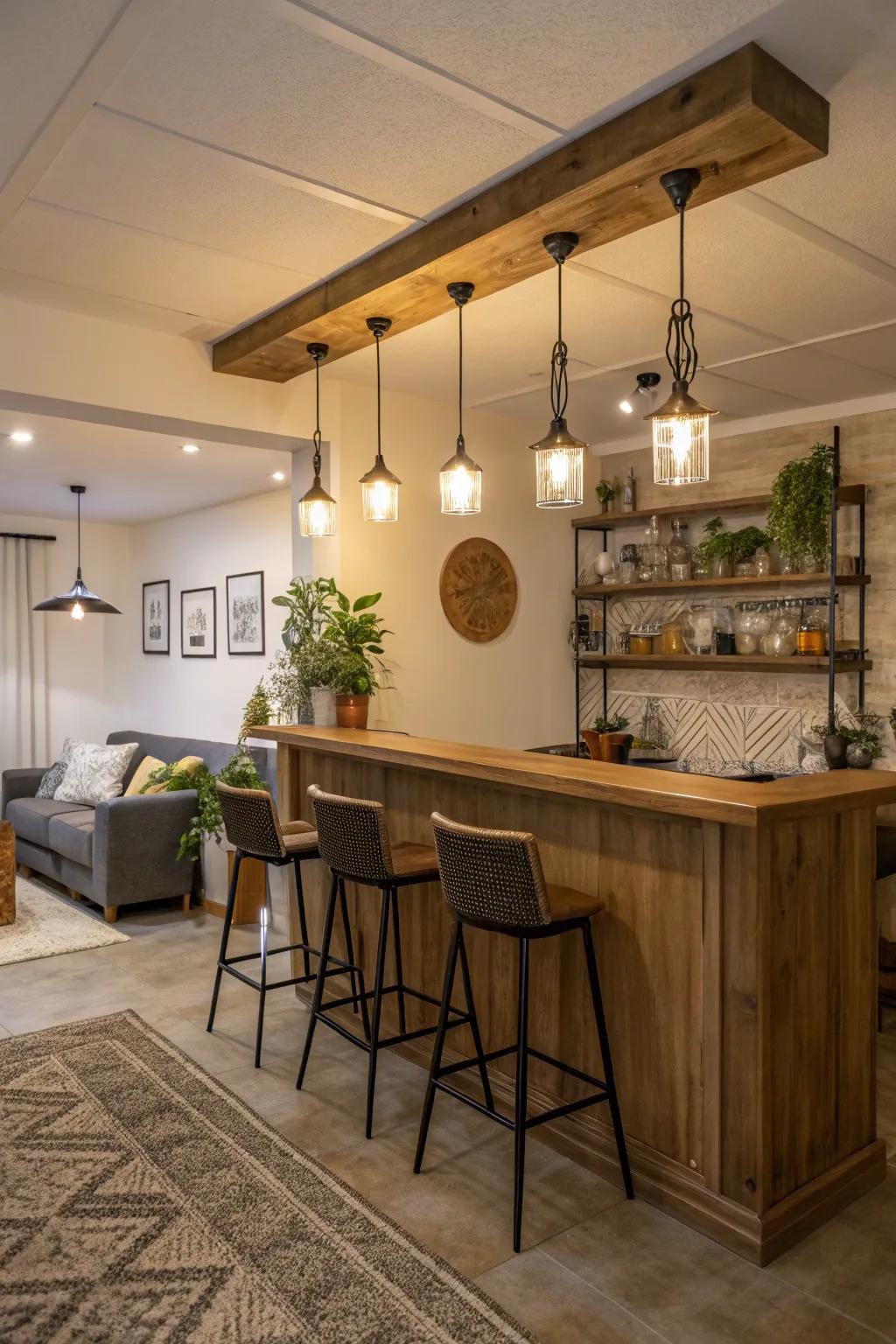 Pendant lights create ambiance and focus.