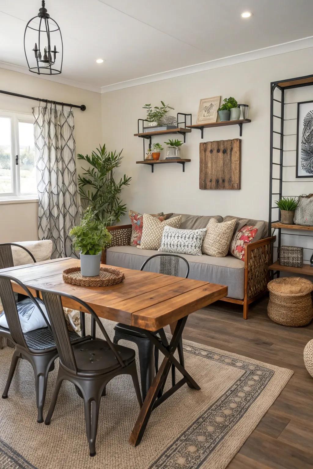 Textured elements adding depth to a small combination space.