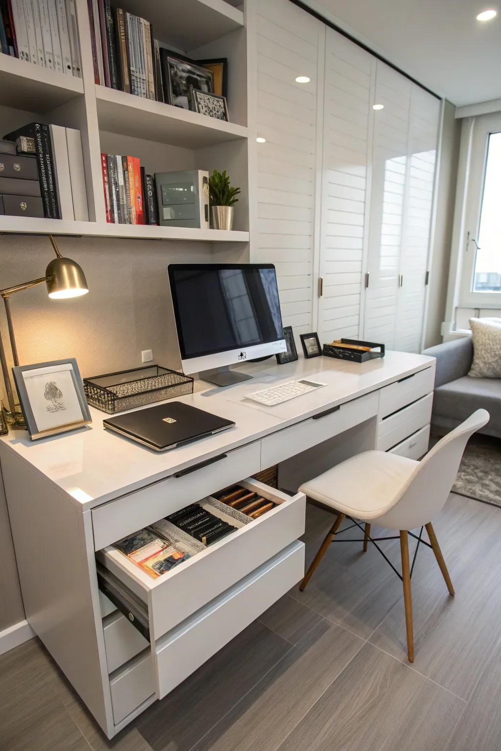 Concealed storage helps maintain a tidy and organized workspace.