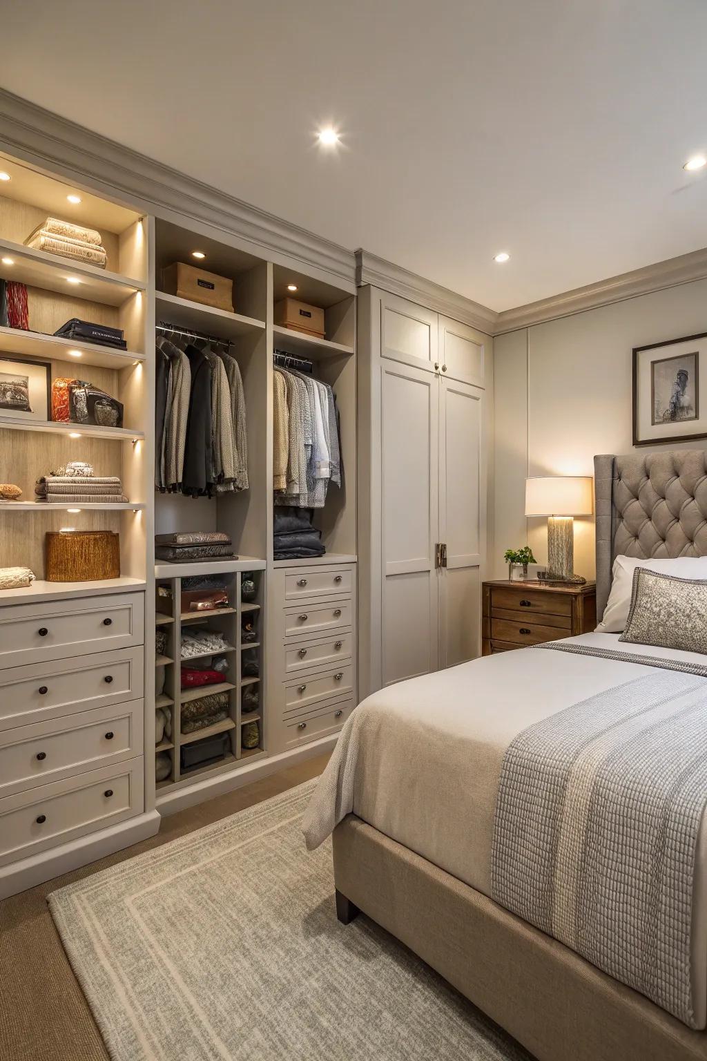 Integrated storage solutions keep a small master bedroom organized.