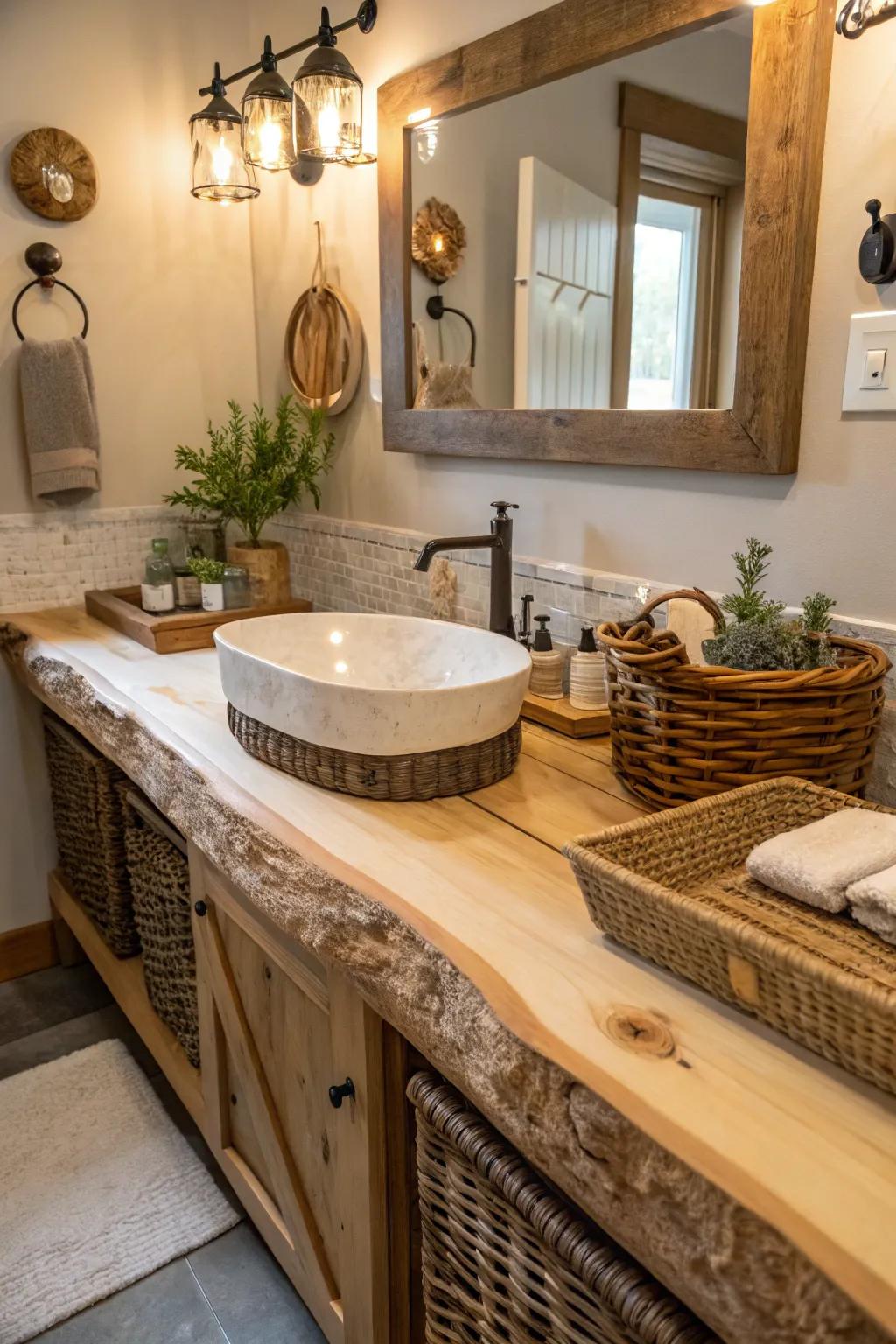 Natural edge countertops bring the outdoors into a country bathroom.