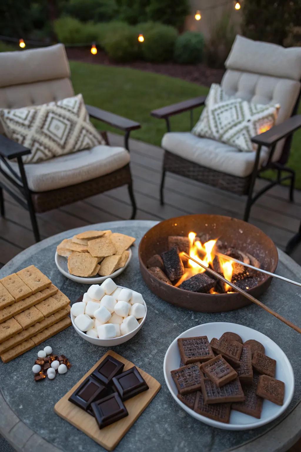 A snug outdoor setting with a fire pit and s’mores ingredients.