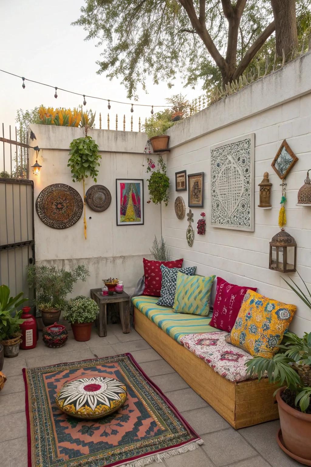 A small patio personalized with distinct accents and decor.