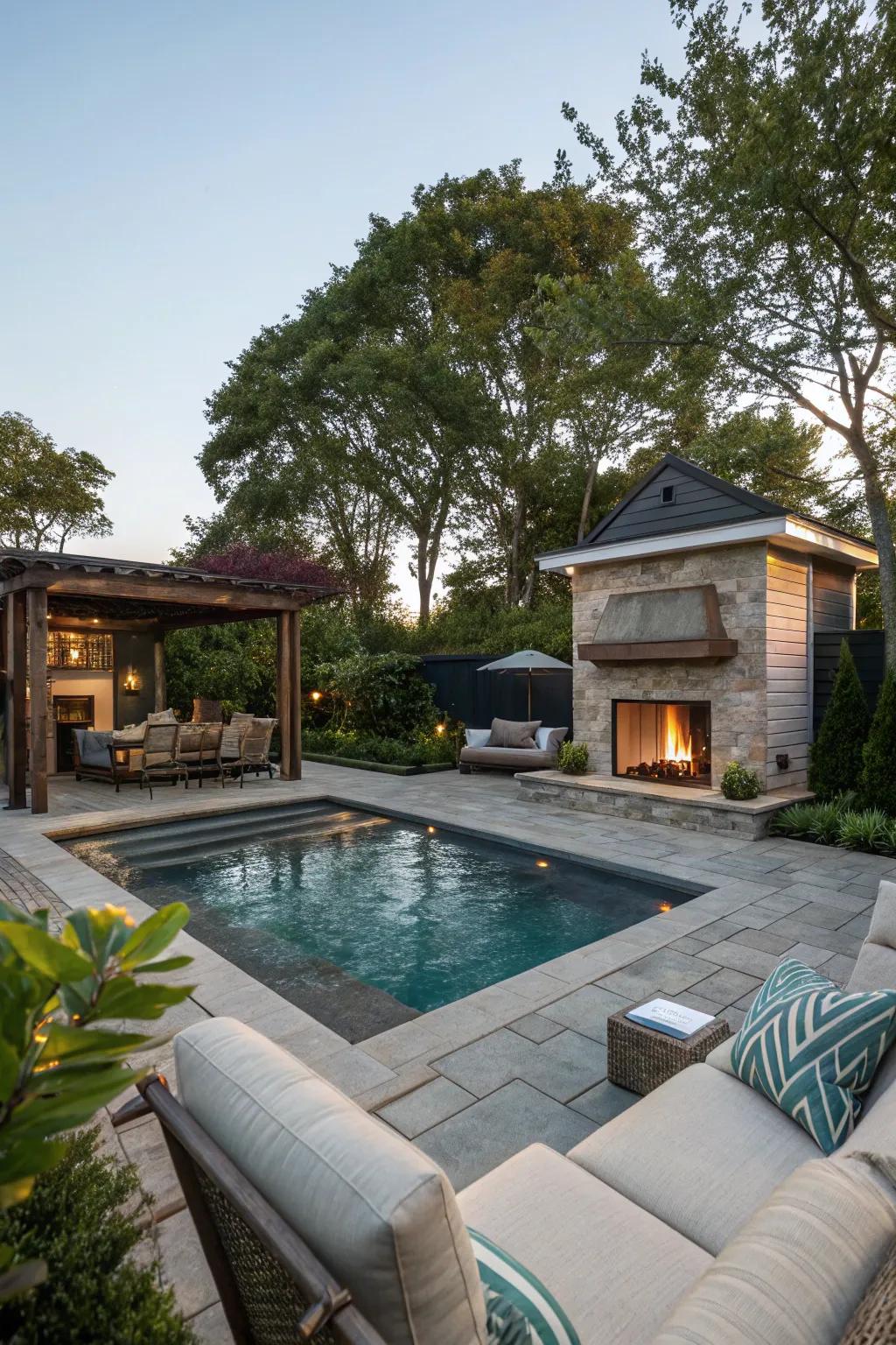 An outdoor living room by the pool extends the home's living space into the garden.