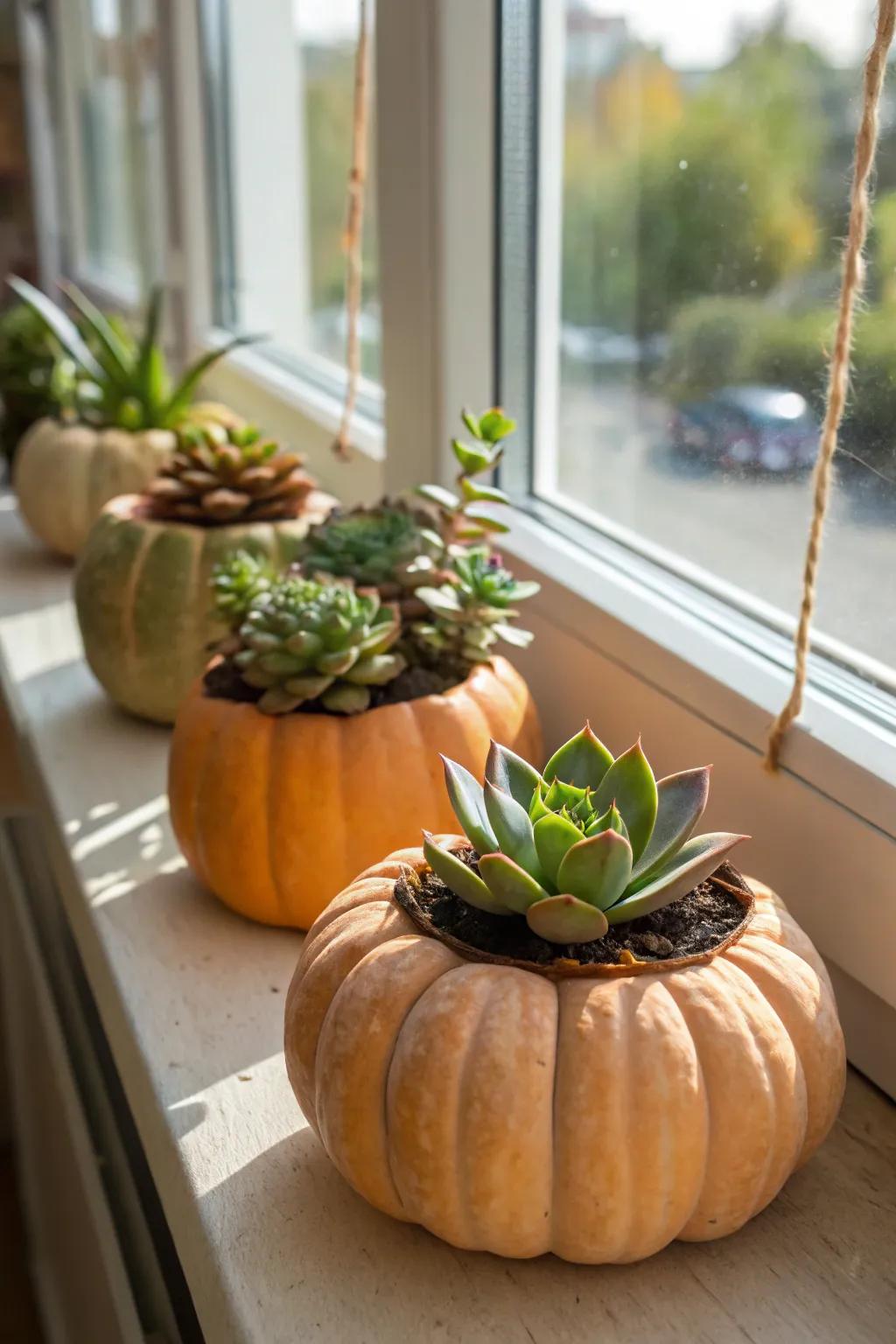 Succulent-filled pumpkins add a hint of greenery to fall decorations.