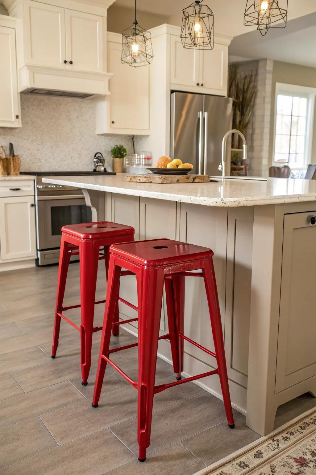 Playful crimson counter stools injecting color into a gray kitchen.