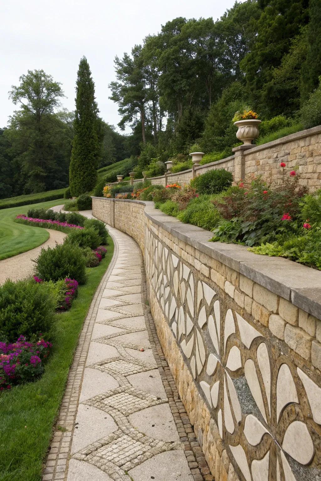 Imaginative stone designs transform retaining structures into artistic masterpieces.
