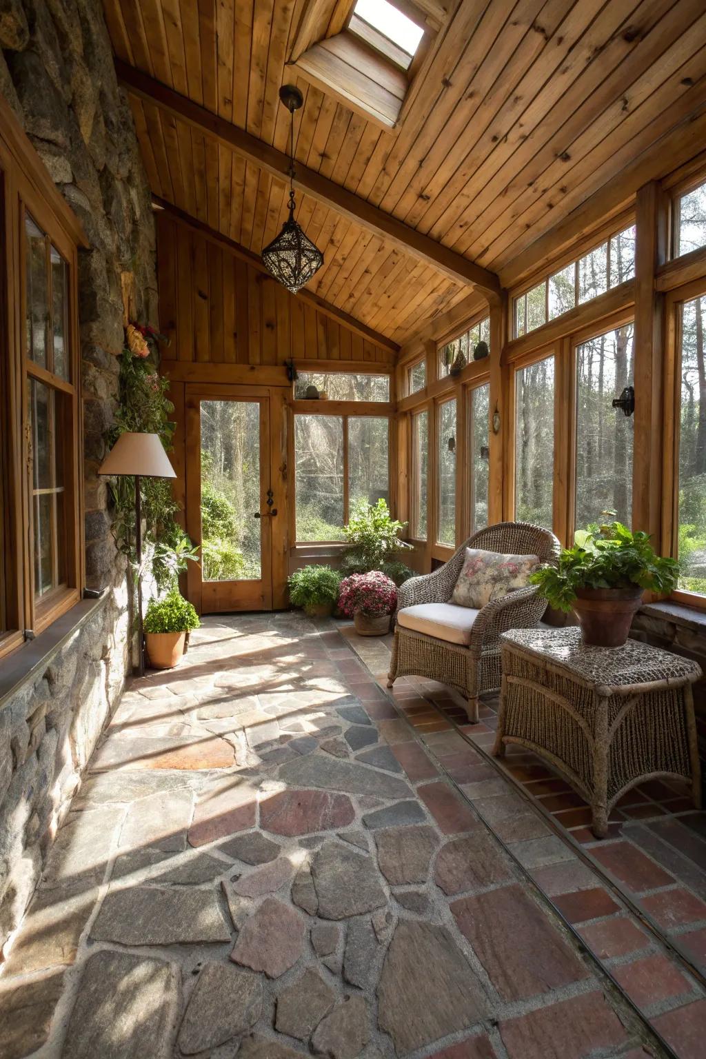 Stone flooring adds an earthy touch to this country-style sunroom.