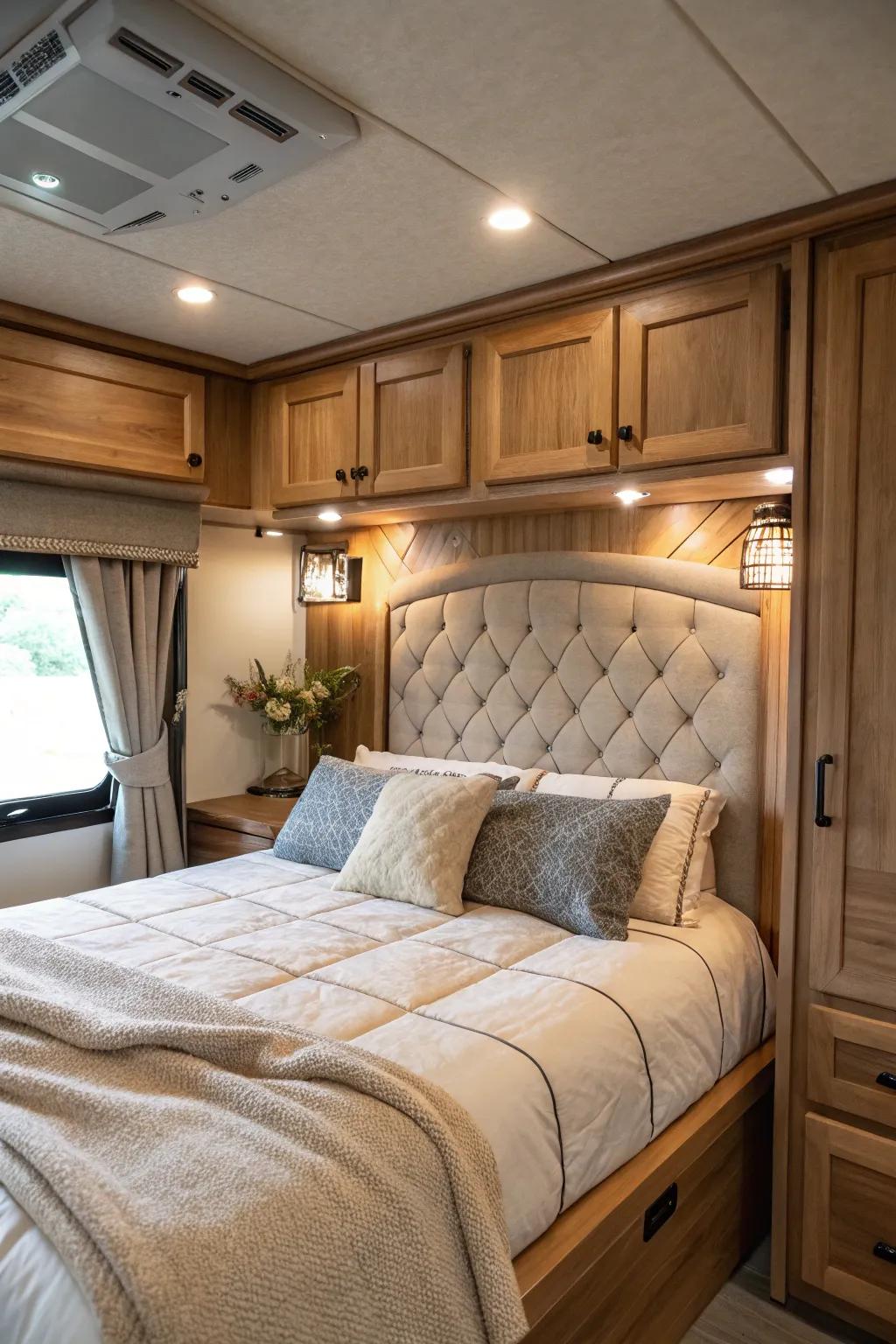 A headboard brings luxury and warmth to your RV bedroom.
