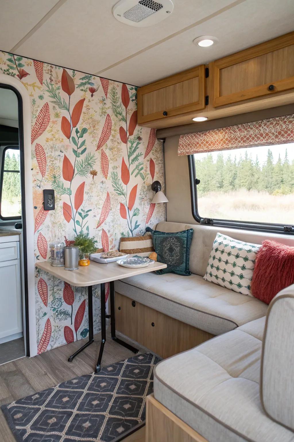 Peel and stick wallpaper is a quick and easy way to give your RV a personalized touch.