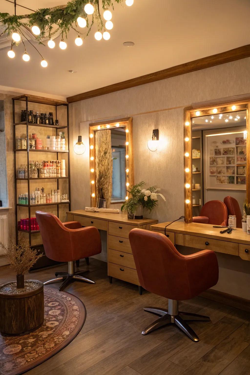 Accent illumination that introduces extravagance and dimension to the salon.