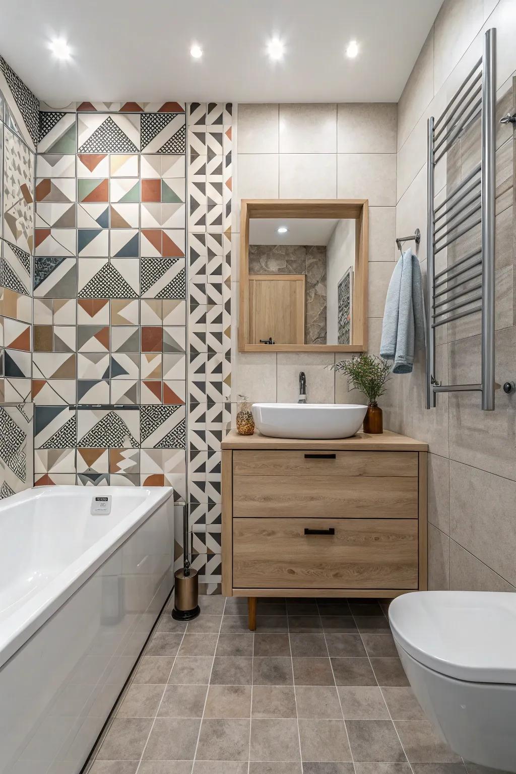 Geometric tiles add visual interest to the bathroom.