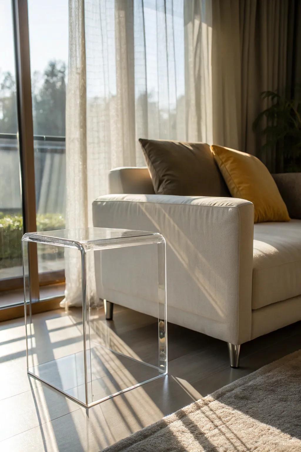 Acrylic tables enhance space and lighting in limited areas.