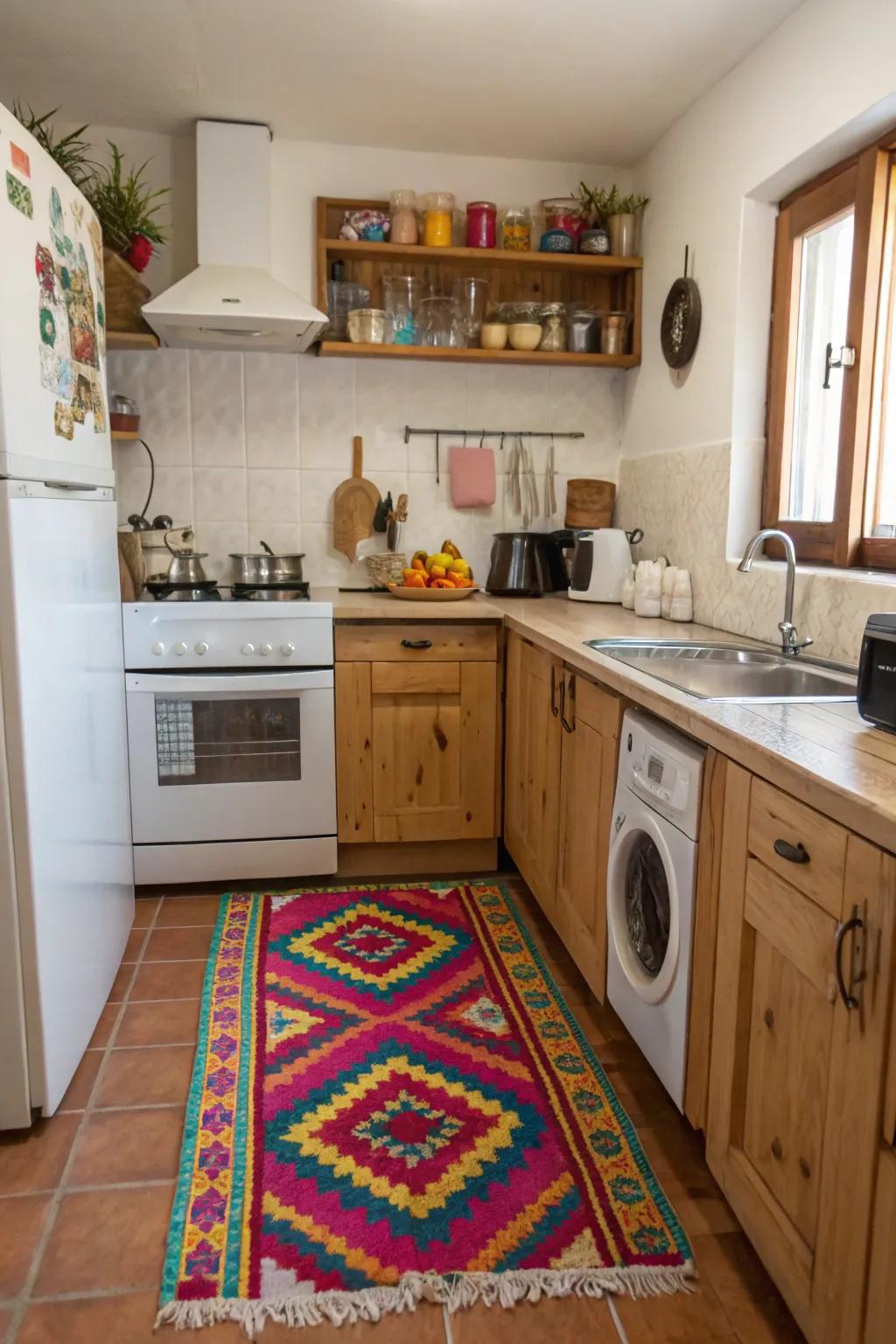 A colorful mat introduces comfort and style to a small kitchen.