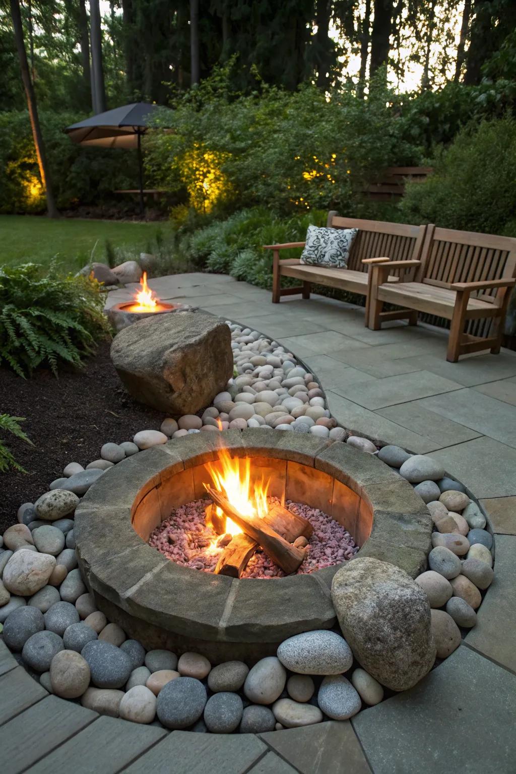 A cozy fire pit area enhanced with ornamental rocks.