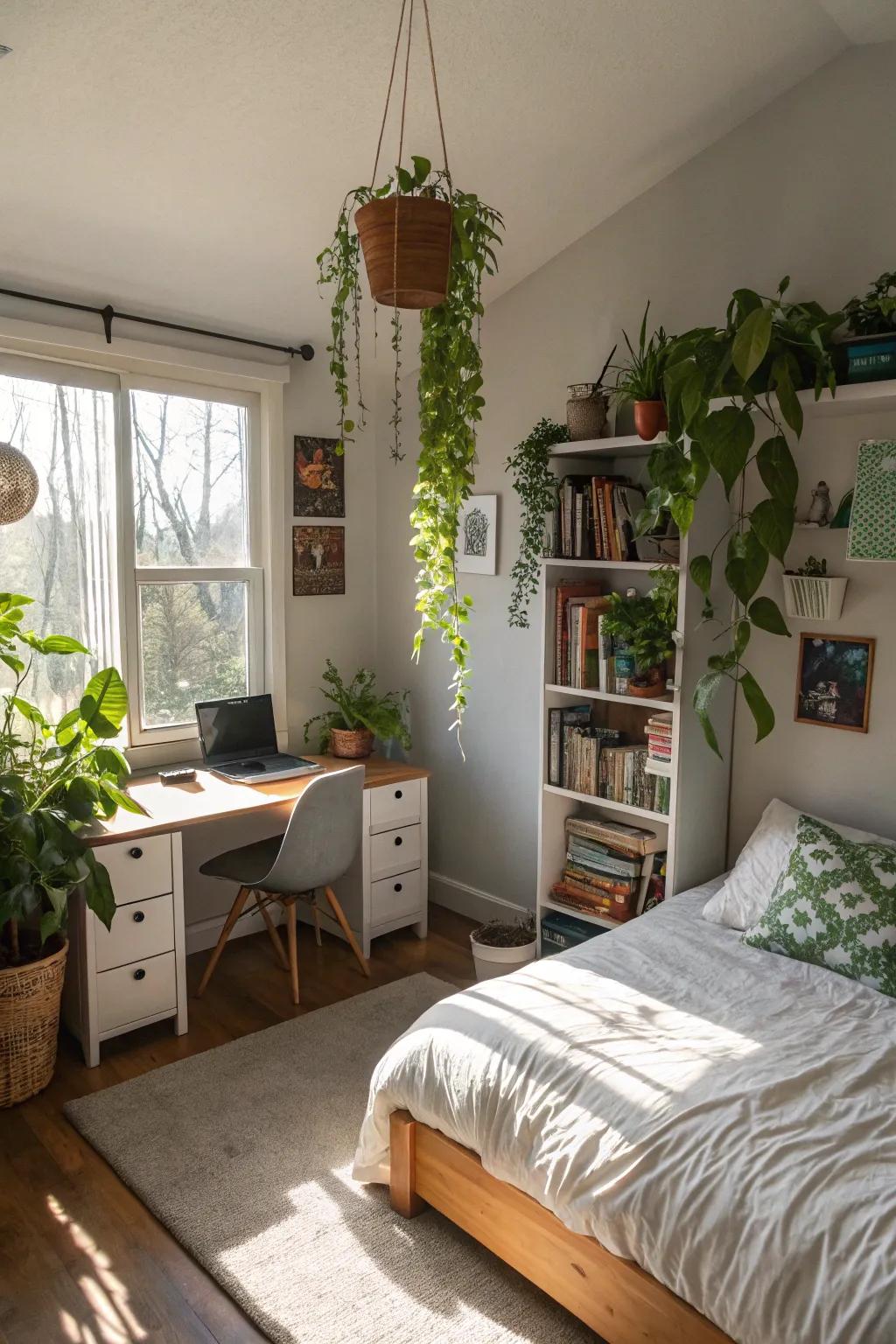 A natural touch with plants brings freshness and vitality to the room.