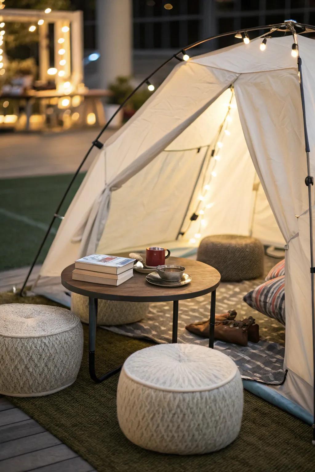 Functional tent space featuring simple furniture.
