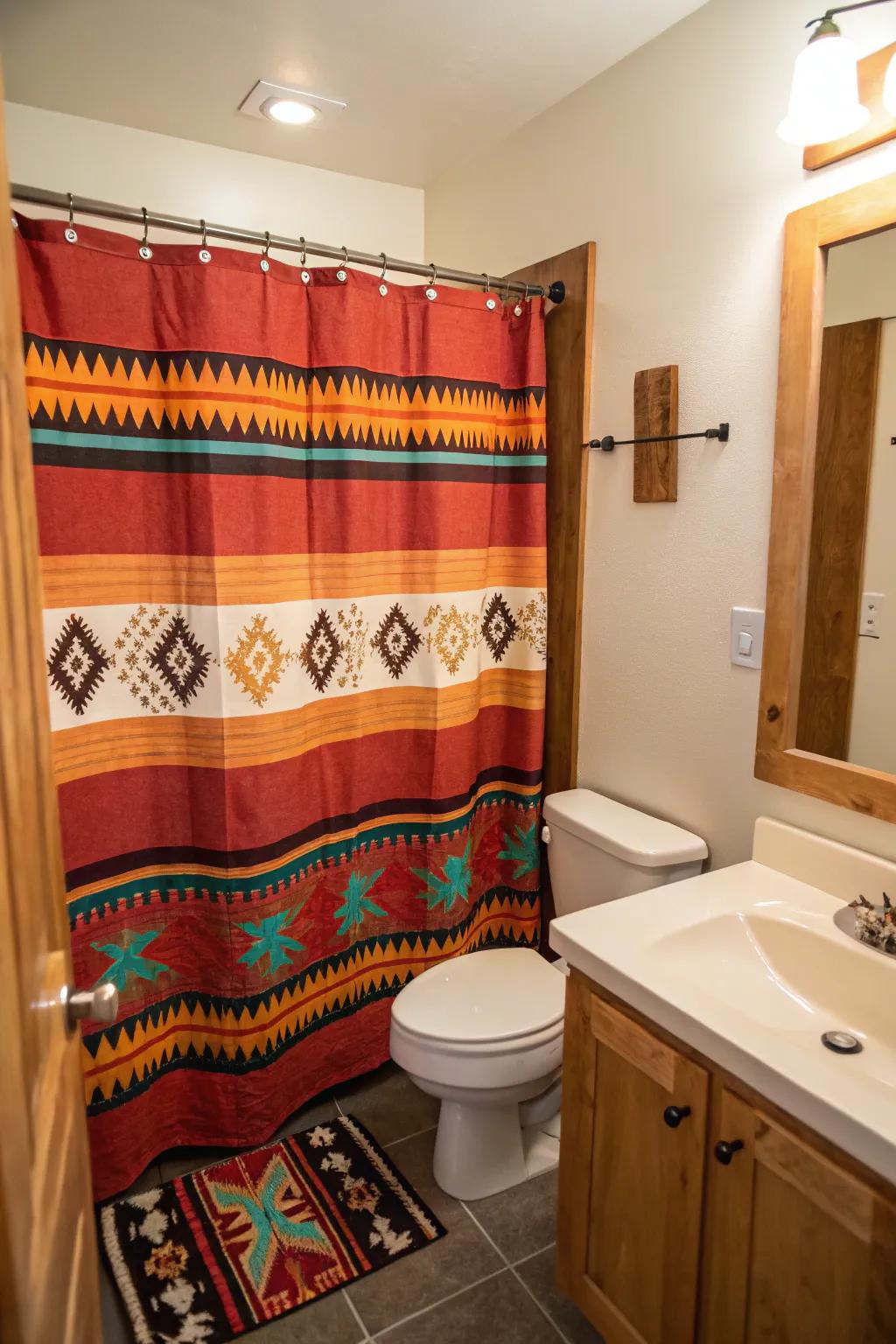 A statement shower drape elevates the design.