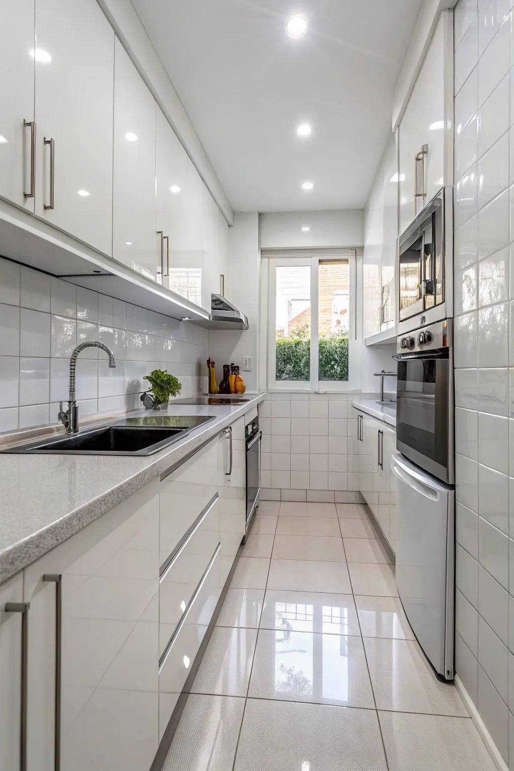 Reflective surfaces enhance the sense of space in the kitchen.