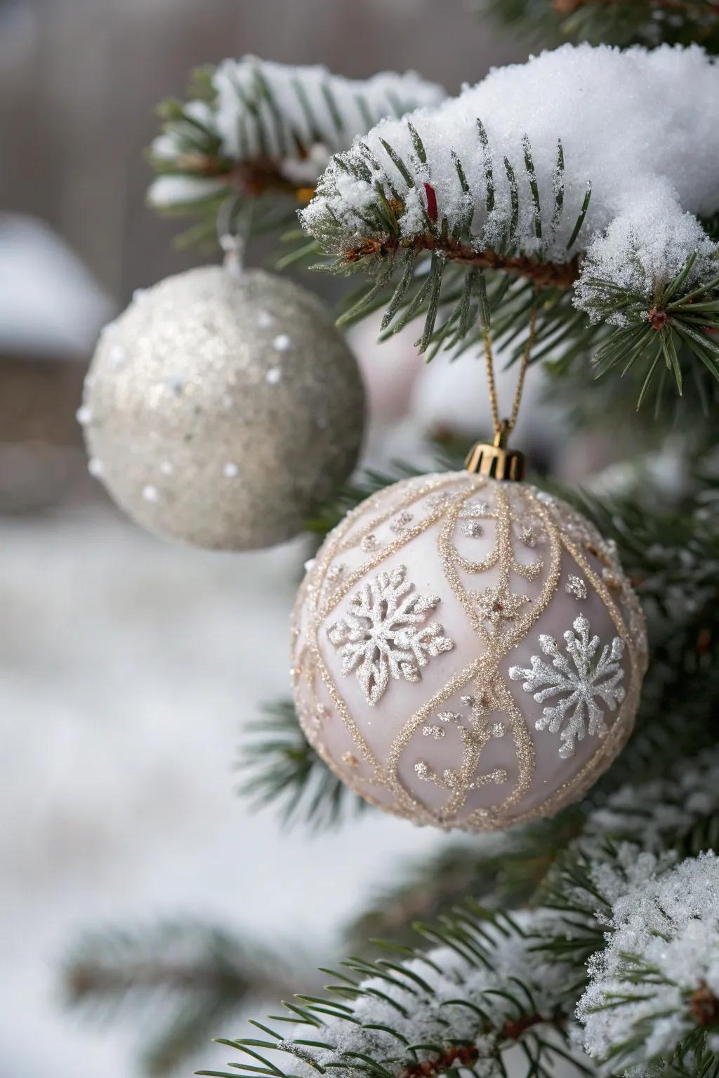 Textured ornaments add richness and enhance the snowy theme.