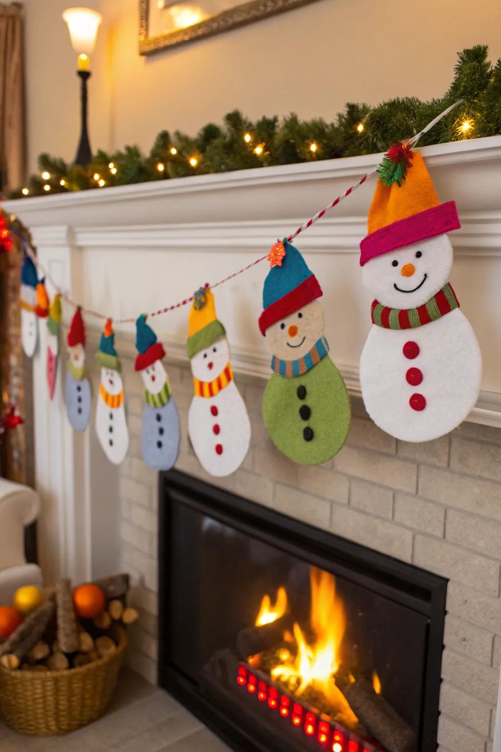 Felt snowman garland brings festive flair to your decor.