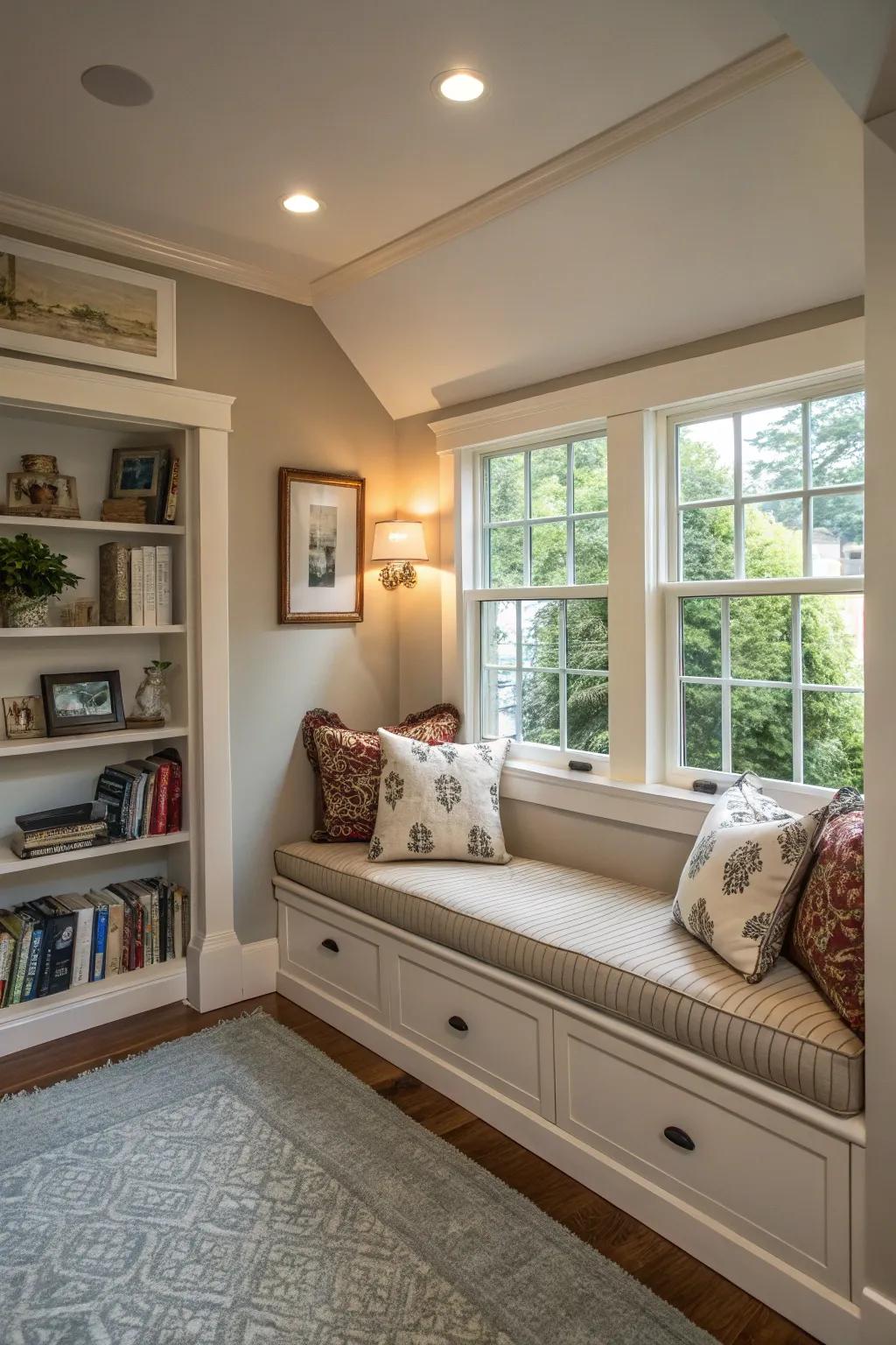 Fitted seating maximizes space in a small living room's architecture.