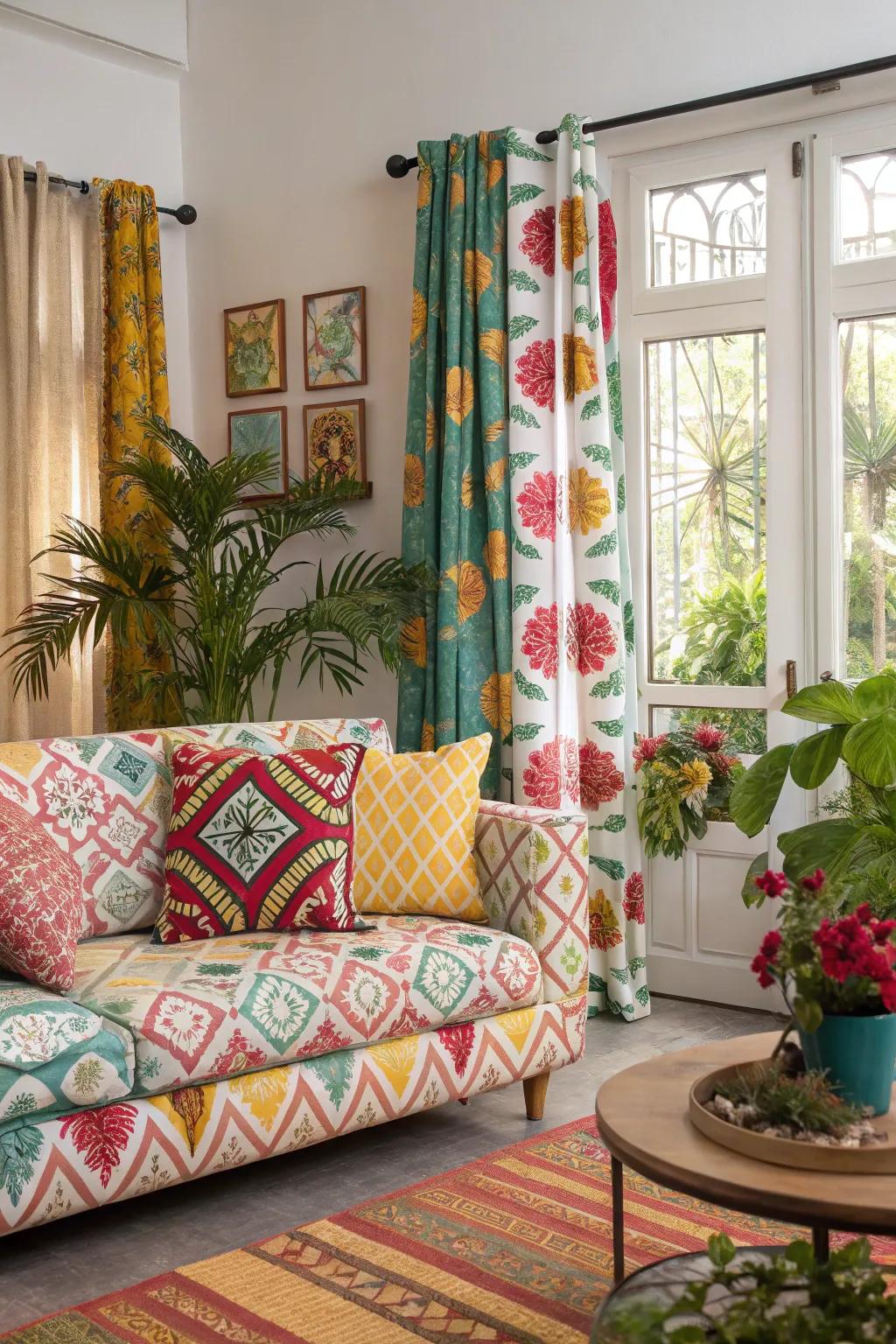 A patterned sofa adds a playful and daring element to the decor.