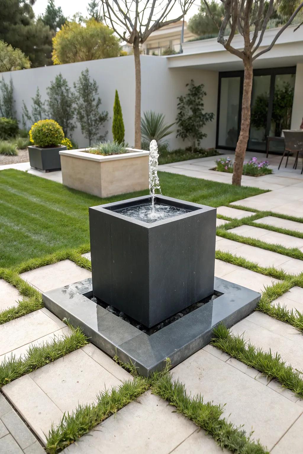 A sleek, cube-shaped solar fountain offering modern elegance.