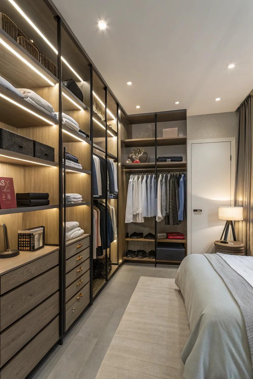 Wall storage solutions maximize area and accessibility.