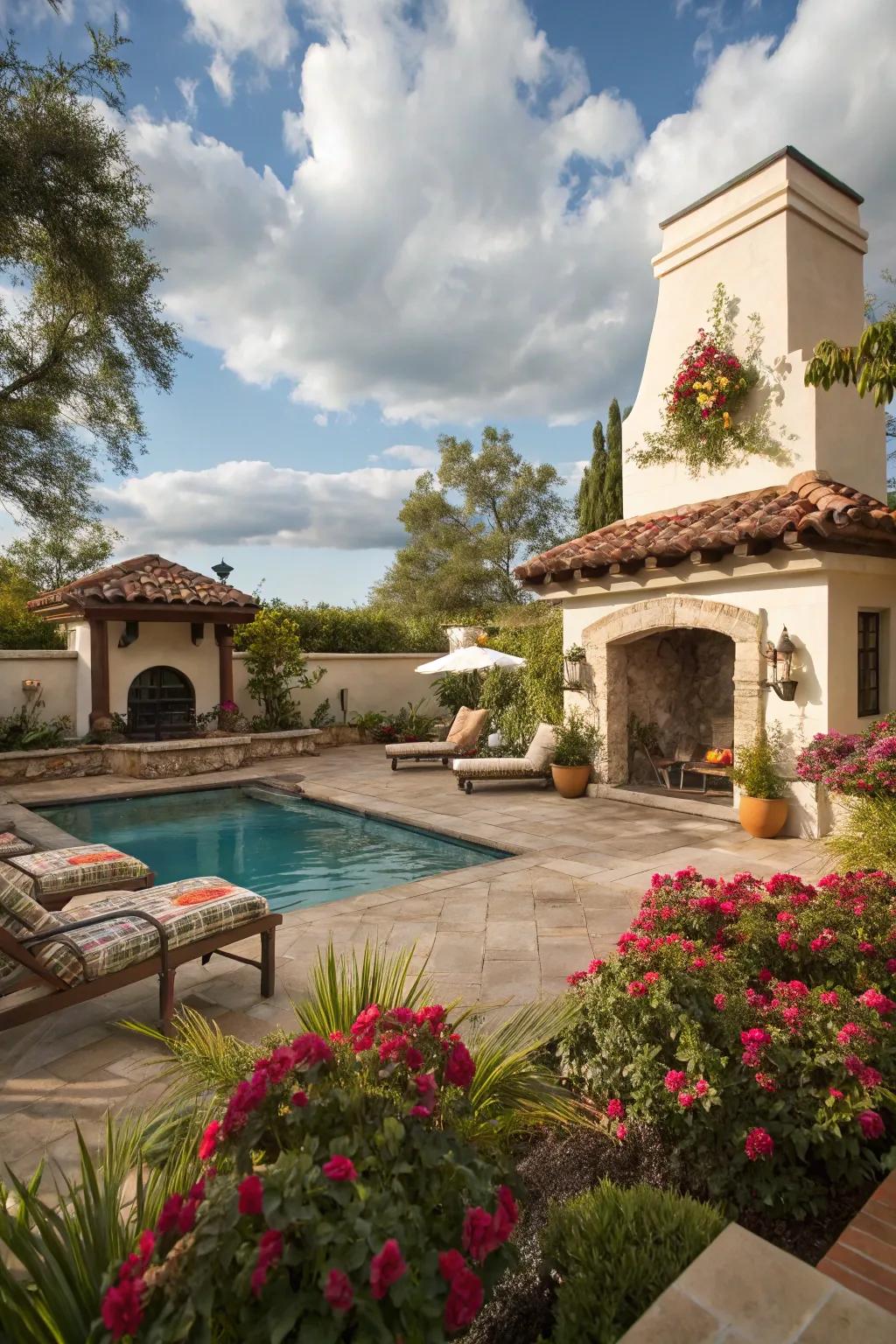 An outdoor fireplace adds warmth and charm to this Spanish-style pool area.