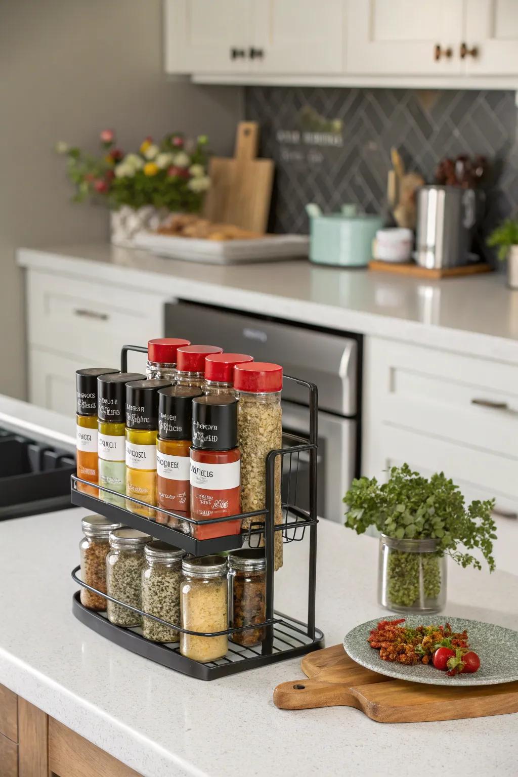 A fashionable countertop display for simple spice access.