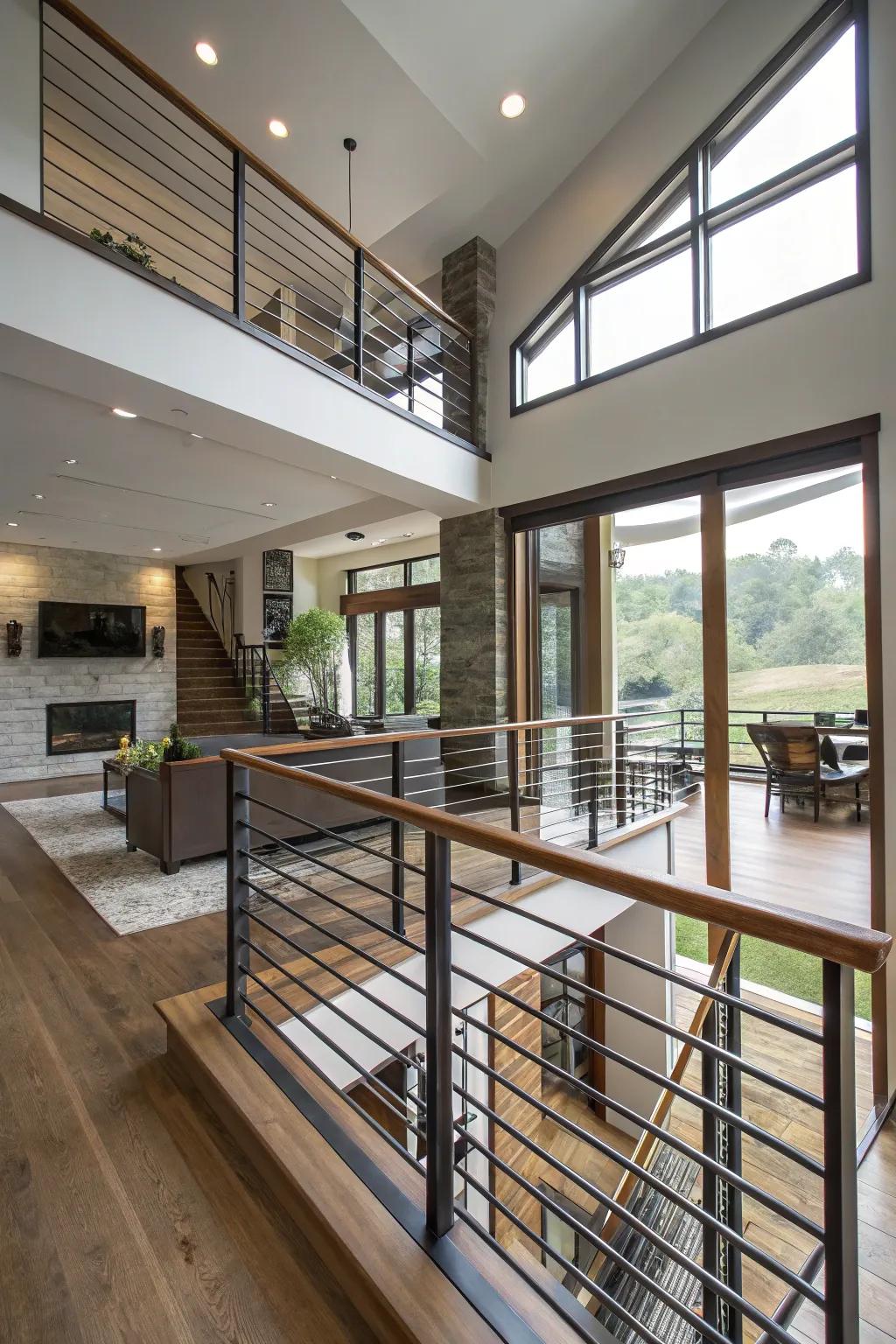 Sleek horizontal slat railings enhance the openness of a split-level home.