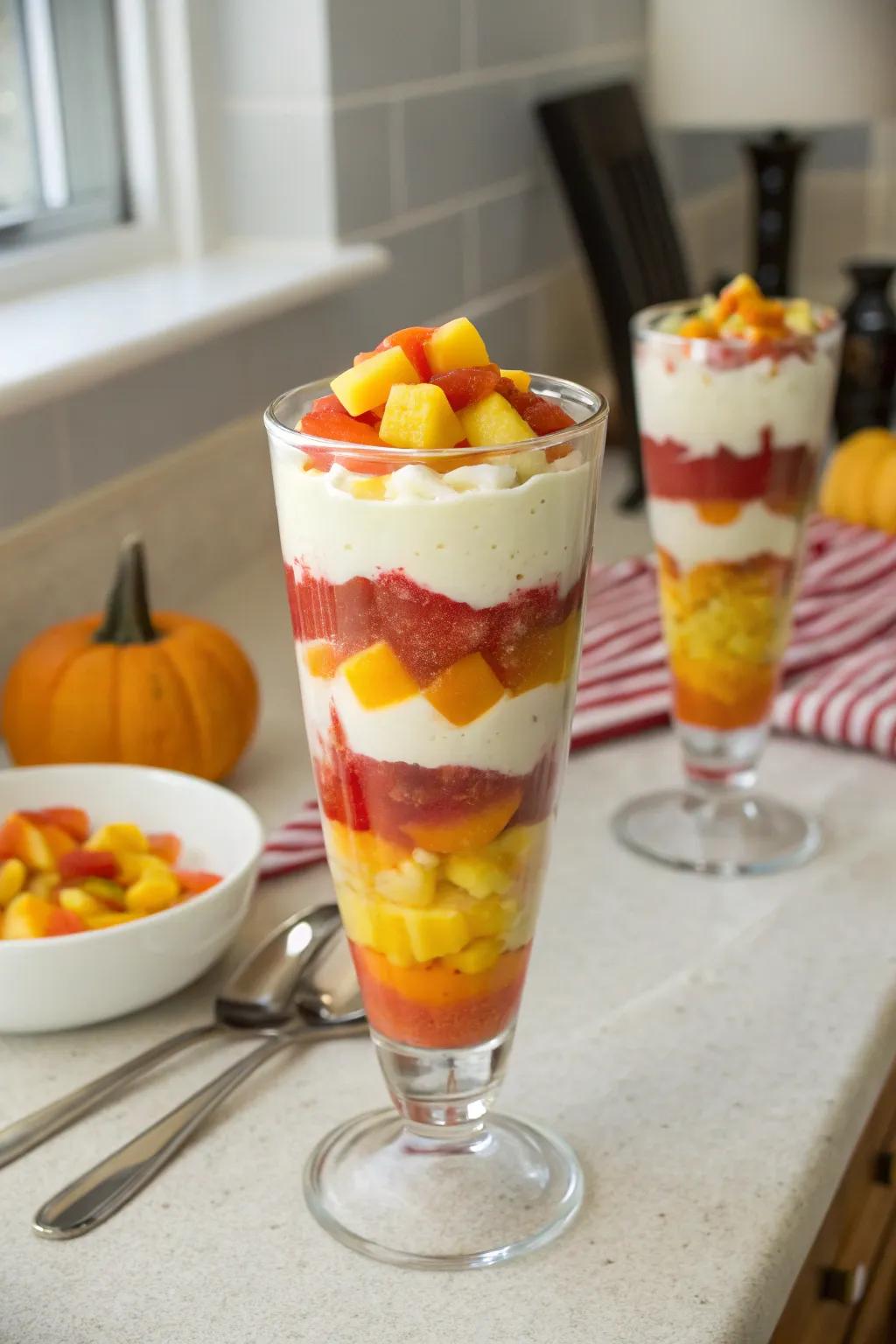 Candy corn fruit parfait providing a nutritious, celebratory snack.