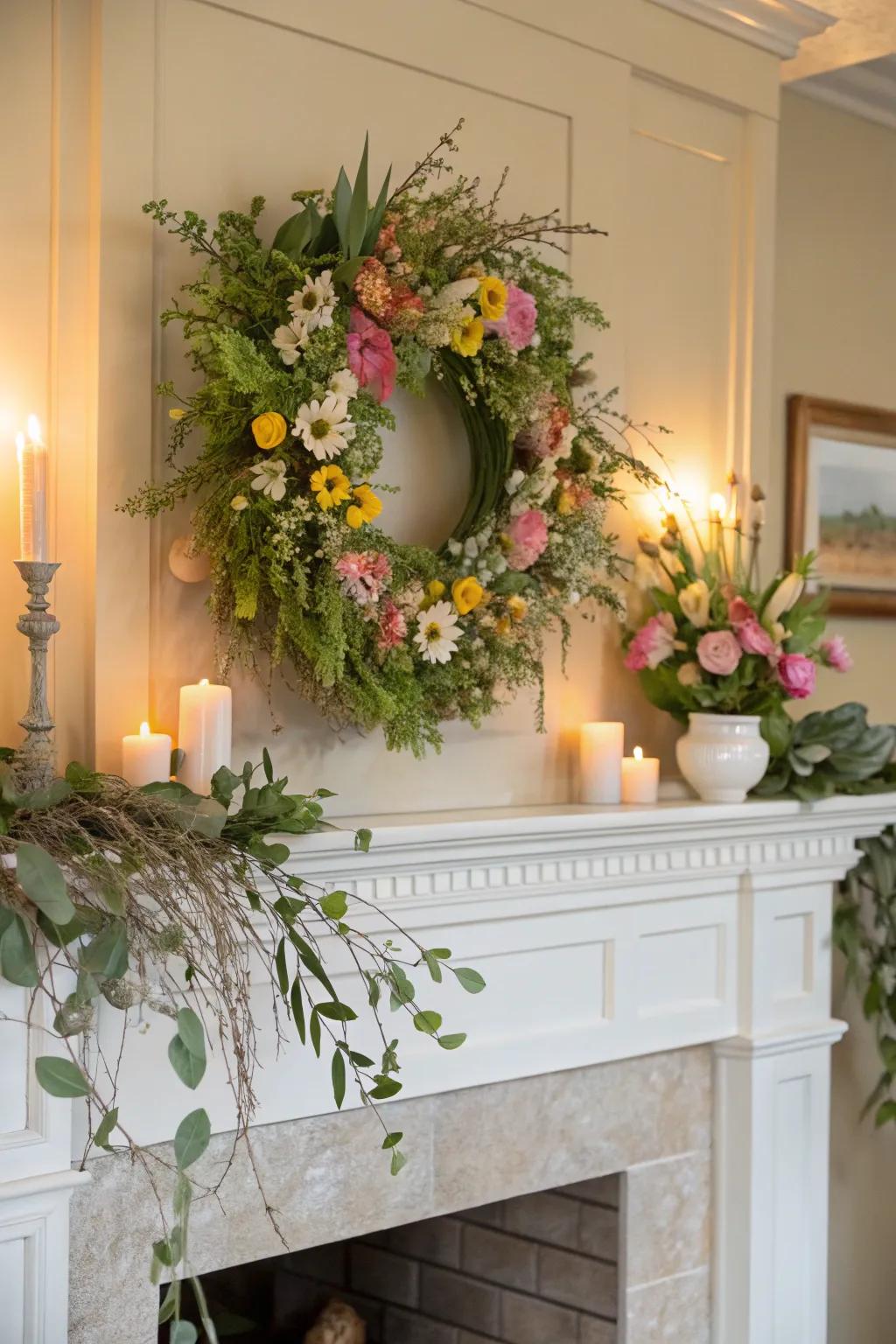 An enchanting wreath acts as a captivating centerpiece.