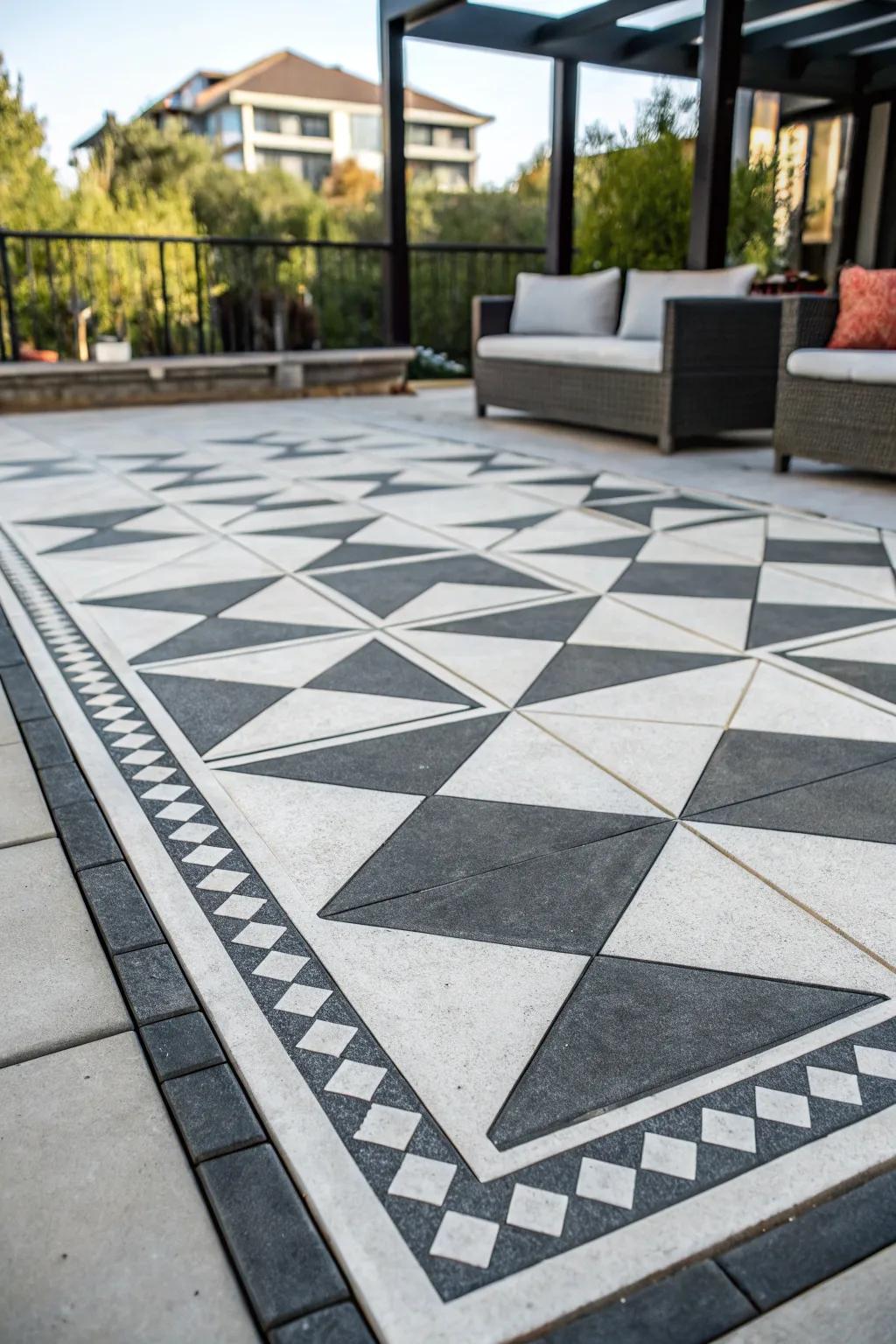 A modern patio featuring geometric stained concrete patterns.