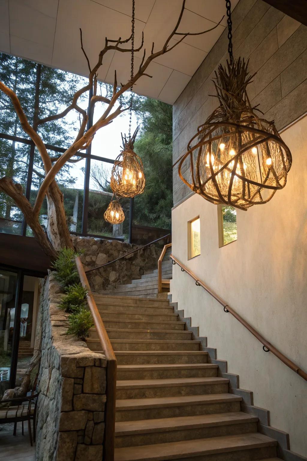 Nature-inspired fixtures contribute an organic sensation.