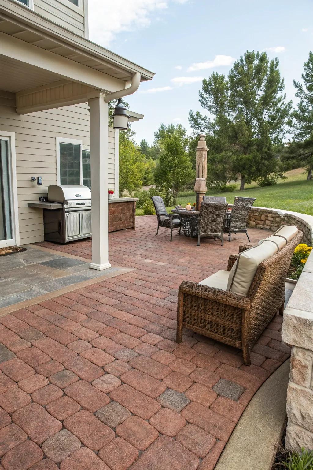 Brick-look concrete adds warmth and coziness to this deck.