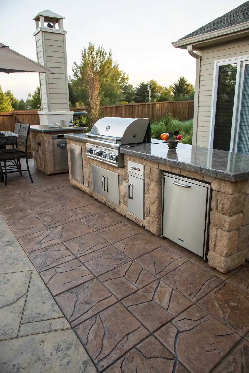 A stamped concrete patio showcasing a stylish outdoor kitchen.