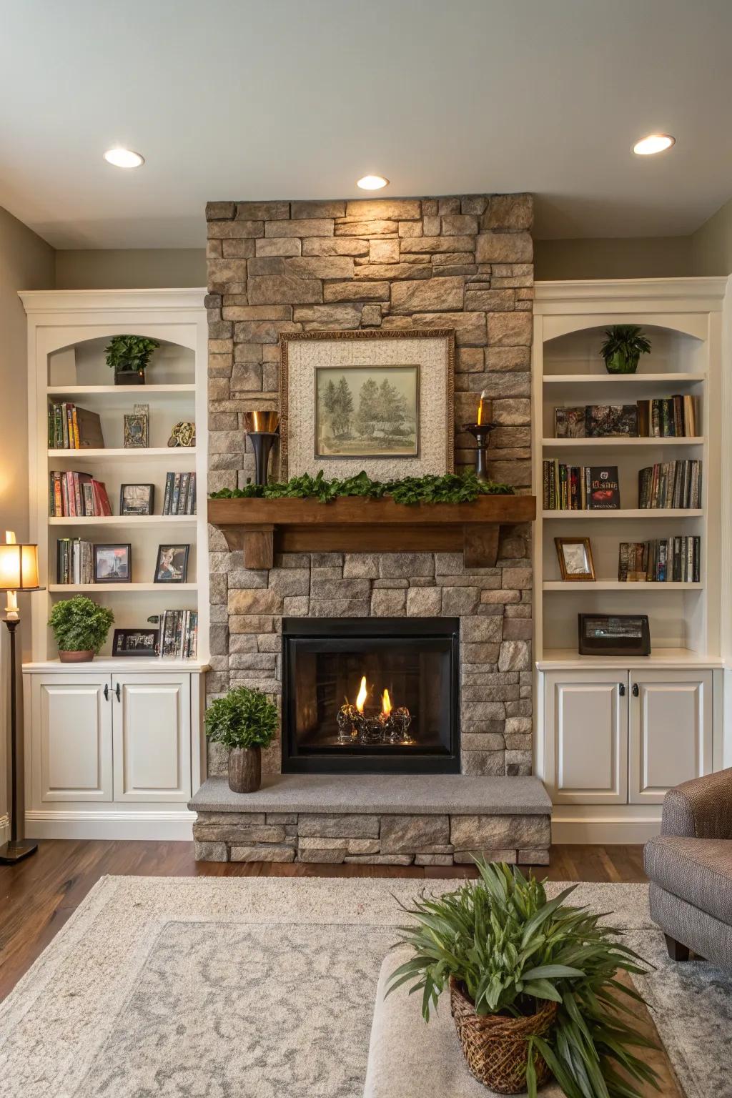 A functional living room showcases a stone fireplace with integral shelving.