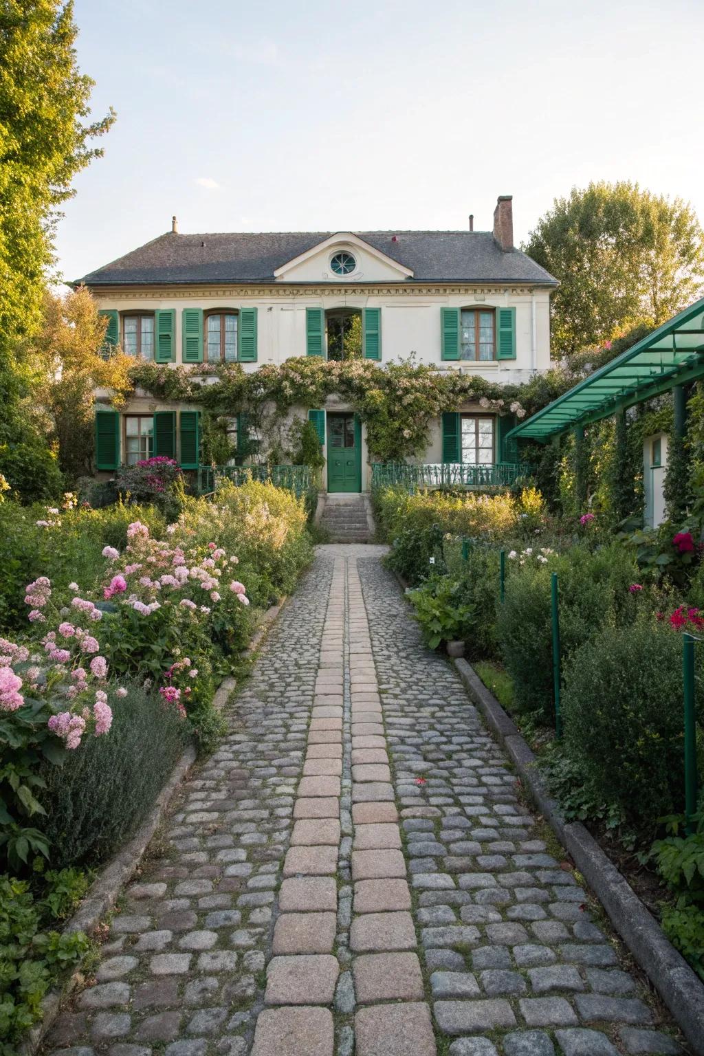 A charming cobblestone pathway leading to a stone-front house.