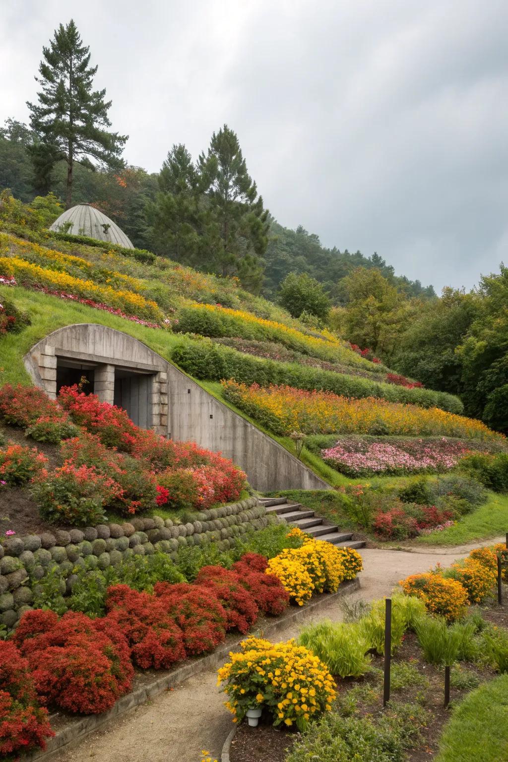 Terraced spaces make exquisite use of slopes surrounding storm shelters.