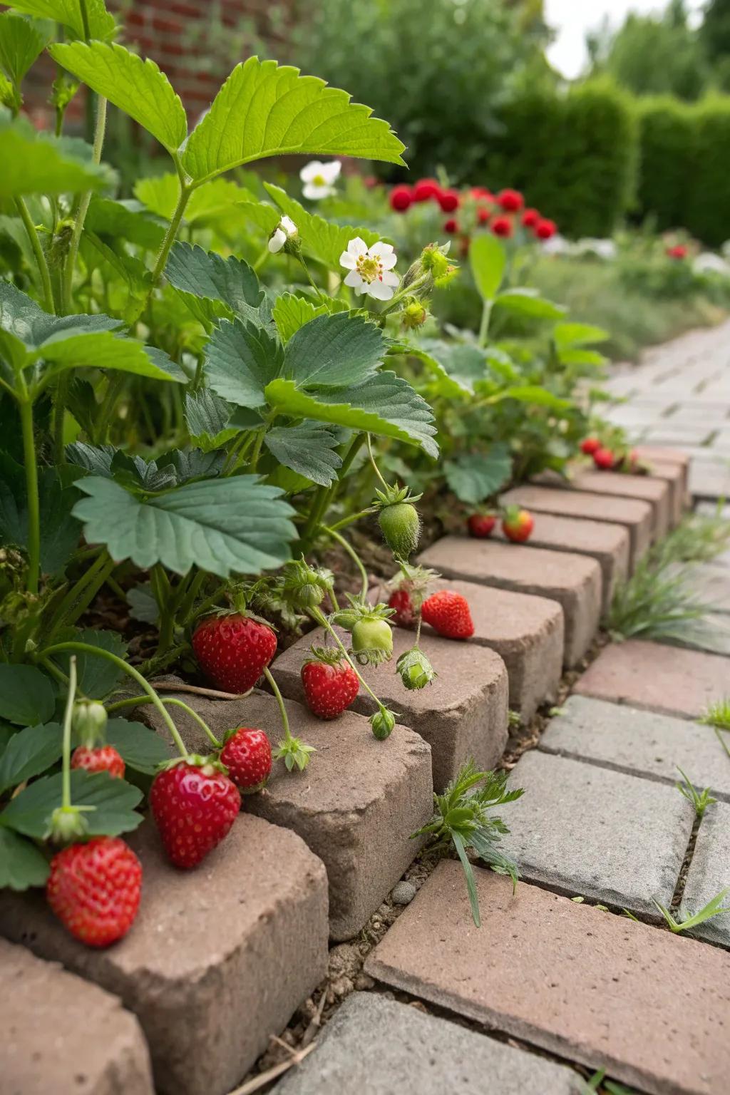 Strawberries developing beautifully among bricks.