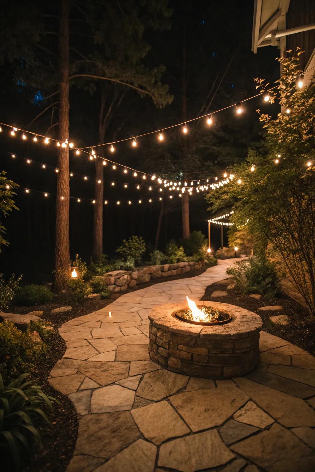 Glow strands illuminate a pathway to the fire pit.