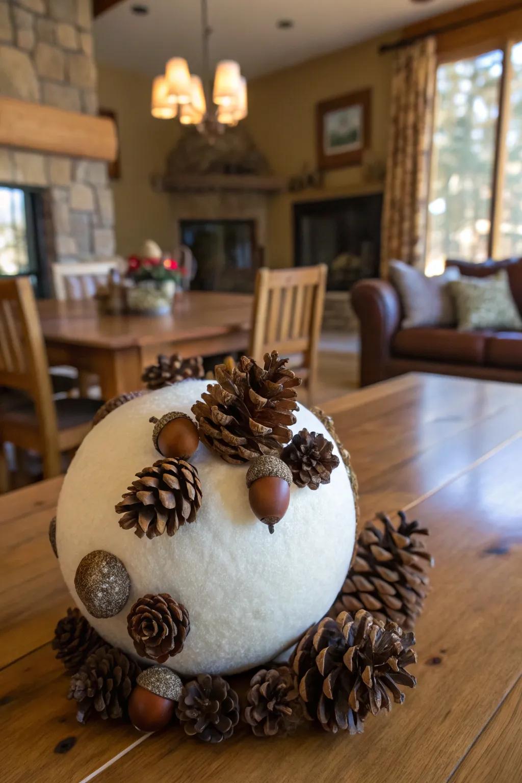 Nature-inspired ornaments create a rustic charm.