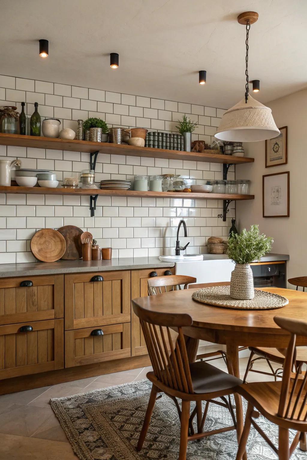 Subway tiles and wood accents combine to create an appealing, harmonious kitchen space.