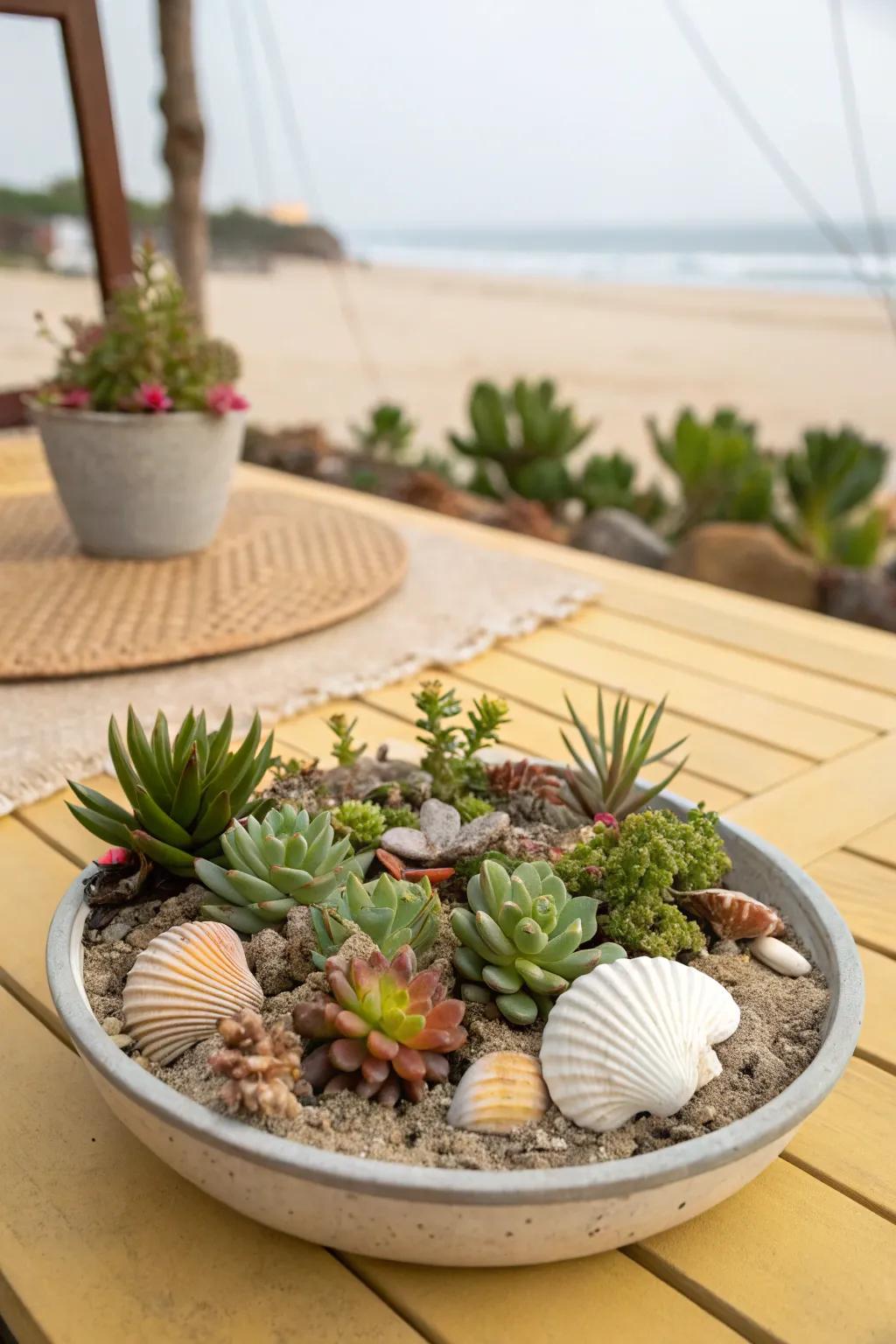 A beach-themed succulent landscape accented with shells.